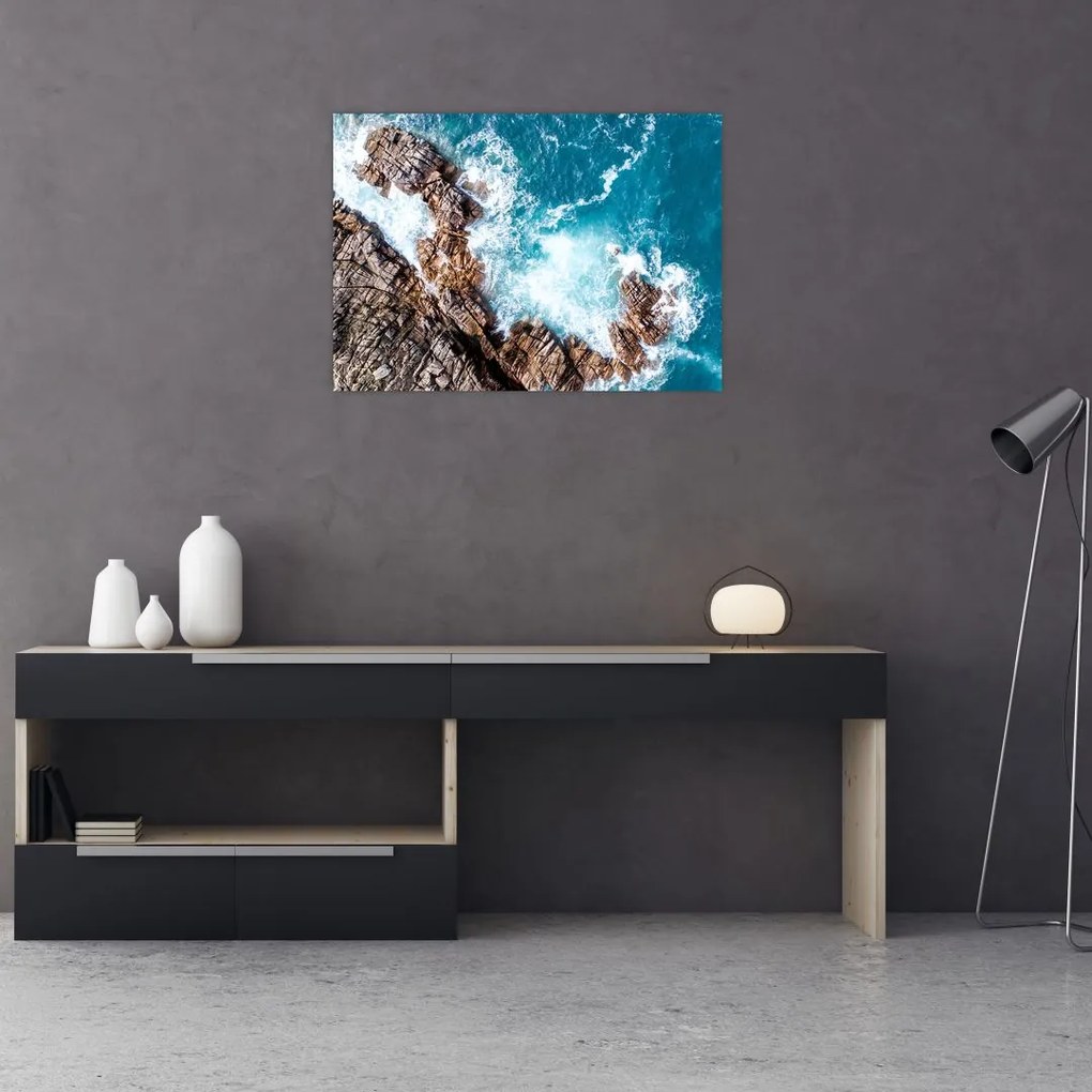 Tablou pe sticlă cu stânci și mare (70x50 cm)