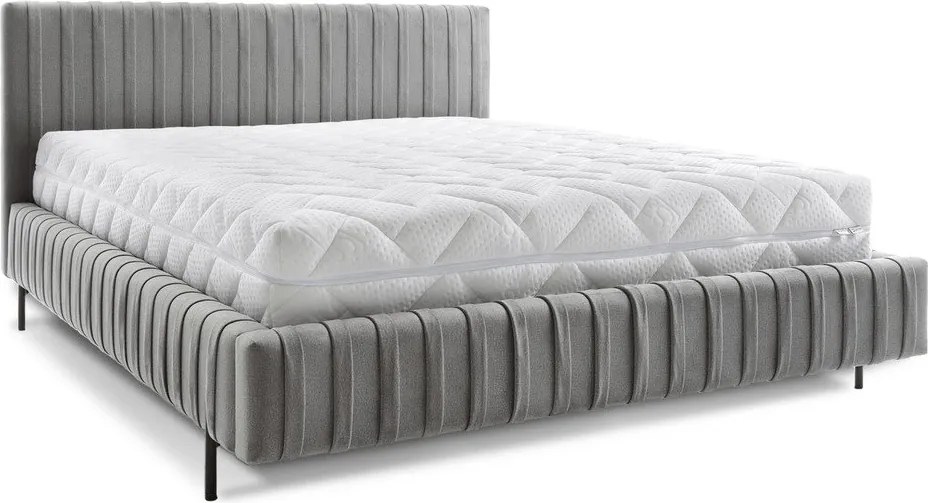 Pat matrimonial gri tapițat cu spațiu de depozitare cu somieră 140x200 cm Plissa – ELTAP
