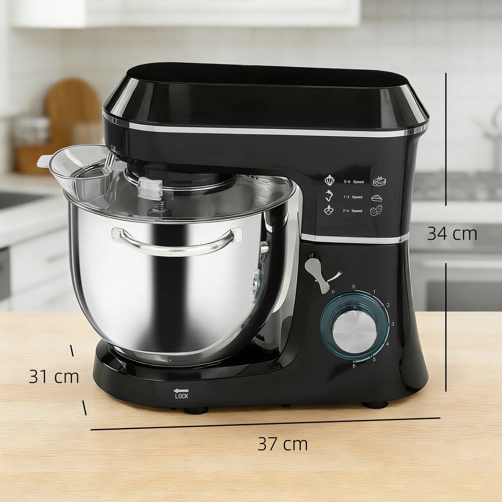HOMCOM Mixer Planetar cu Bol Inox de 7L, 1400W, 6 Viteze Pulse, Cap Înclinat, Mixer Profesional Antiderapant cu Cârlig Frământare, Tel, Batător, Capac Anti-Stropire și Accesorii | Aosom Romania