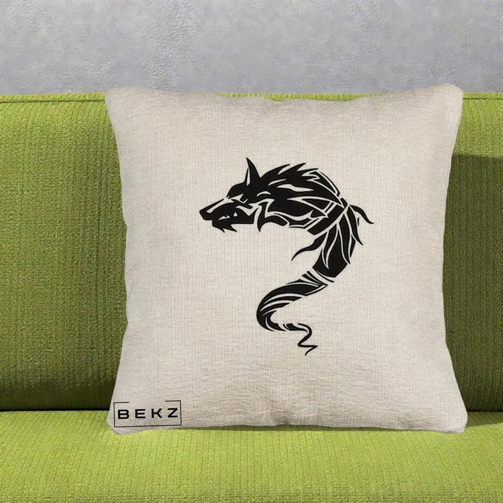 Perna Decorativa Lup Tribal Alb-Negru, 40x40 cm, Bej Canapea, Husa Detasabila, Perna Inclusa, BEKZ®
