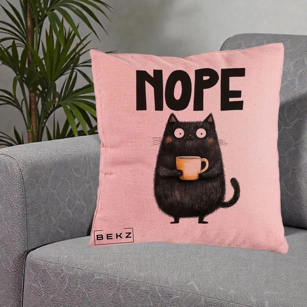 Perna Decorativa NOPE Pisica Neagra Cafea, 40x40 cm, Roz, Husa Detasabila, Perna Inclusa, BEKZ®
