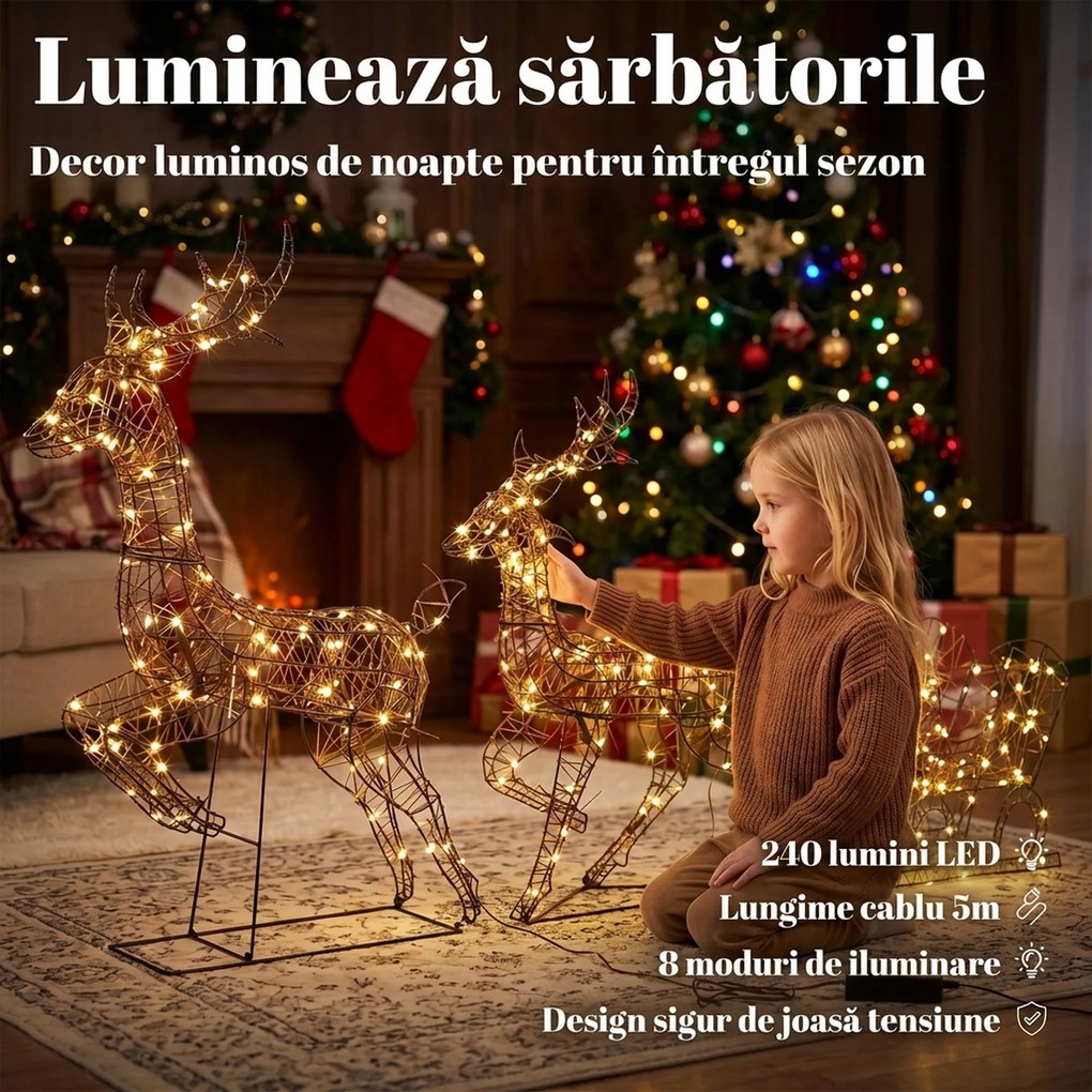 Outsunny set de Crăciun 3 piese cu reni și sanie, 240 LED, 105 cm, alb cald | Aosom Romania