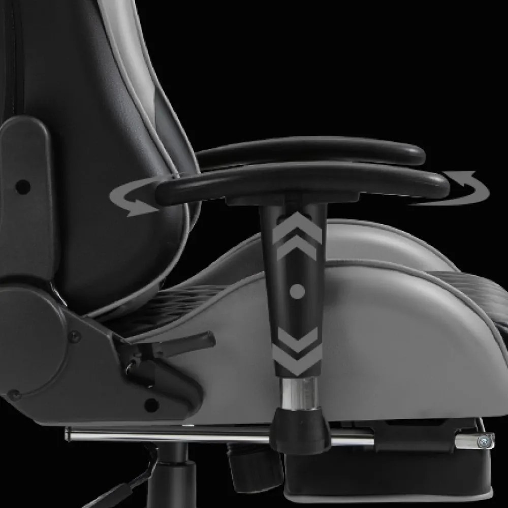 Scaun gaming cu masaj în perna lombară, sezut benzi elastice sustinere, cotiere 3D, suport picioare, funcție sezlong, Negru/Gri