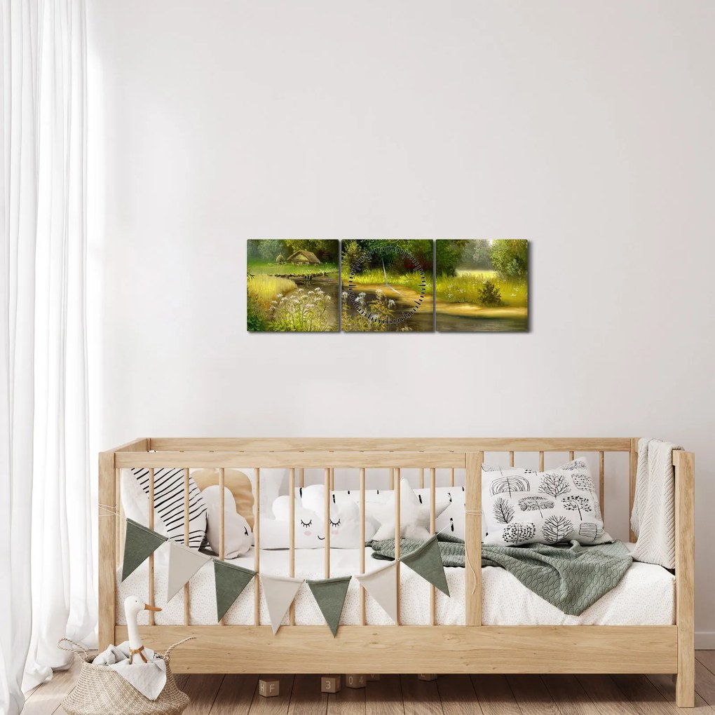 Tablou - Râu lângă pădure, pictură în ulei (cu ceas) (90x30 cm)