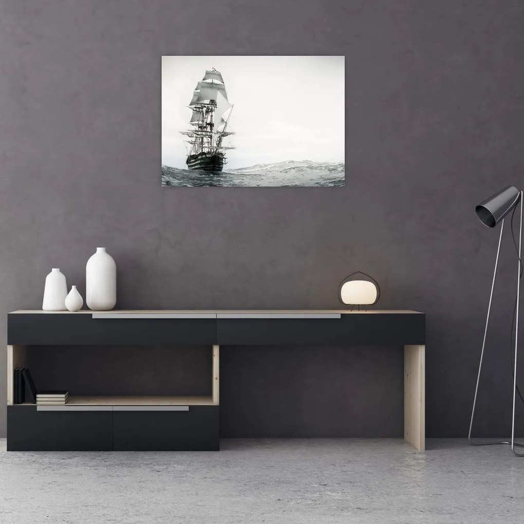 Tablou pe sticlă - O navă care navighează pe ocean (70x50 cm)