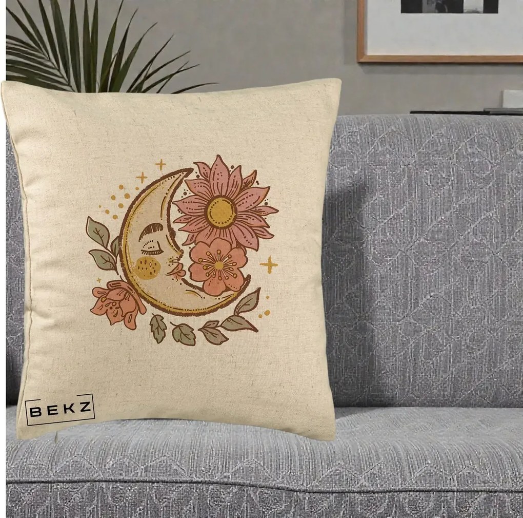 Perna Personalizata Luna Boho Chip Floral, 40x40 cm, Bej, Husa Detasabila, Perna Inclusa, BEKZ®