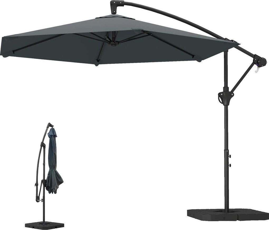 Outsunny Umbrelă tip ampel cca. Ø300 cm umbrelă cu mecanism de blocare, manivelă, suport, greutăți gri închis | Aosom Romania