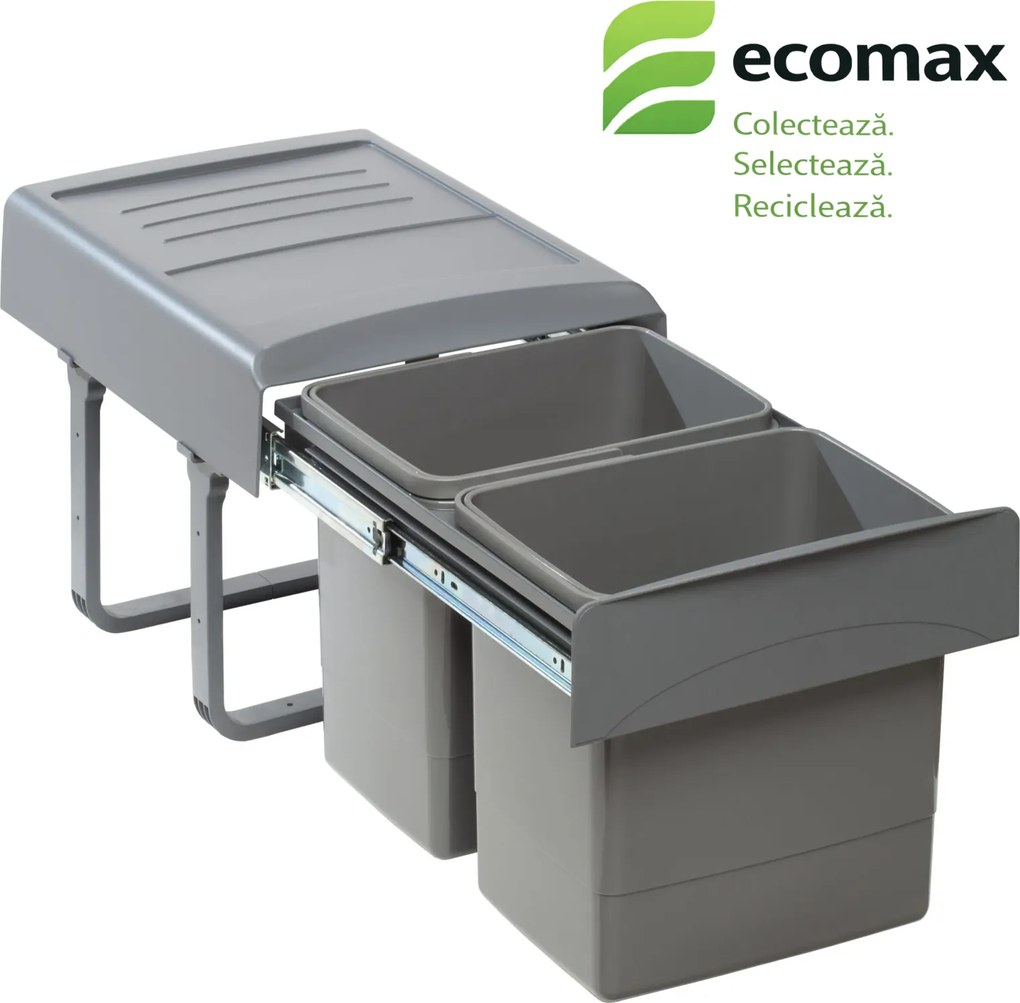 Cos gunoi incorporabil Ecomax Mega 40, cu extragere totala, colectare selectiva, gri antracit, 2 x 15 l Polipropilena, L:356 mm; A:480 mm; H:348 mm,