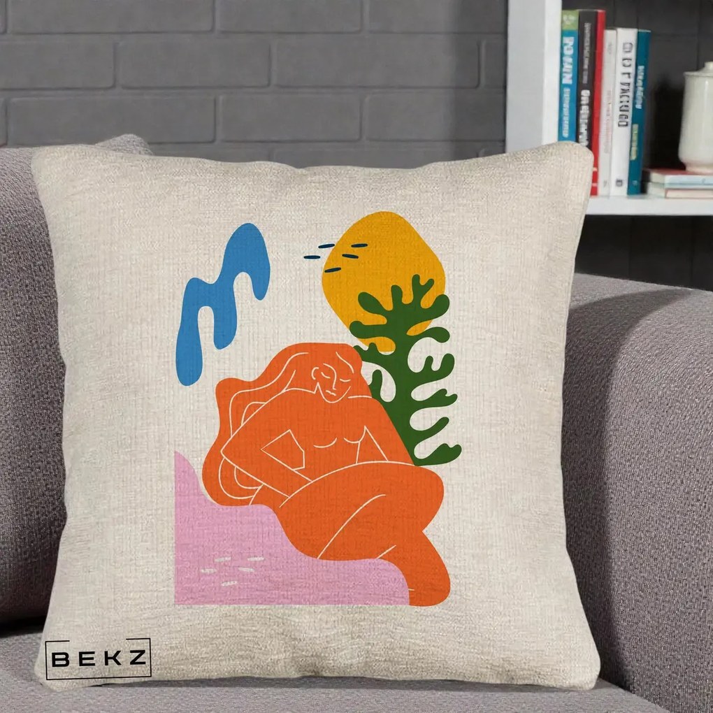 Perna Decorativa Femeie Portocalie Relaxata, 40x40 cm, Bej Canapea, Husa Detasabila, Perna Inclusa, BEKZ®