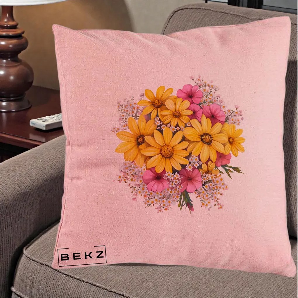 Perna Decorativa Floarea-Soarelui cu Cosmos Roz si Gypsophila, 40x40 cm, Roz, Husa Detasabila, Perna Inclusa, BEKZ®