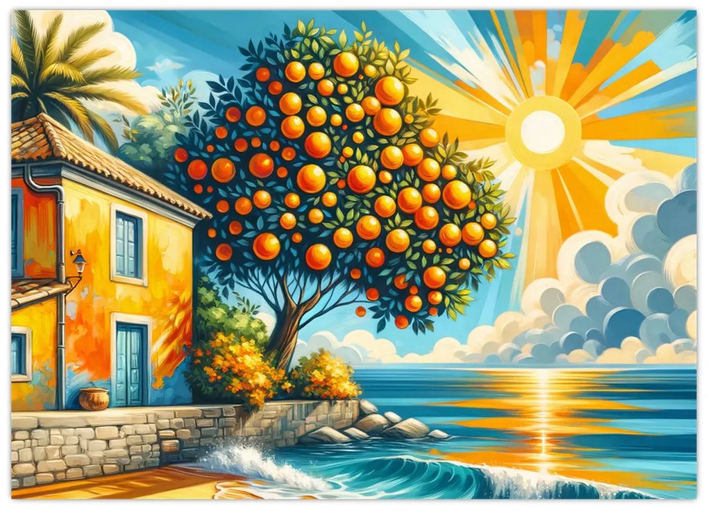 Tablou pe sticlă - Casă cu portocale I. (70x50 cm)