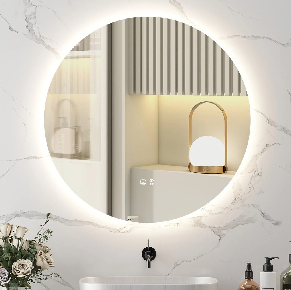 Kleankin Oglinda de Baie Rotunda cu Lumina LED in 3 Culori si intrerupatoare Touch, Ø70x3.5 cm, Transparent | Aosom Romania