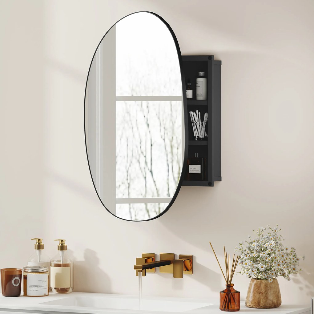 HOMCOM Dulap Baie cu Oglindă și 3 Rafturi, 61x12x79 cm, Formă Neregulată, Dulap Montabil pe Perete, Negru | Aosom Romania
