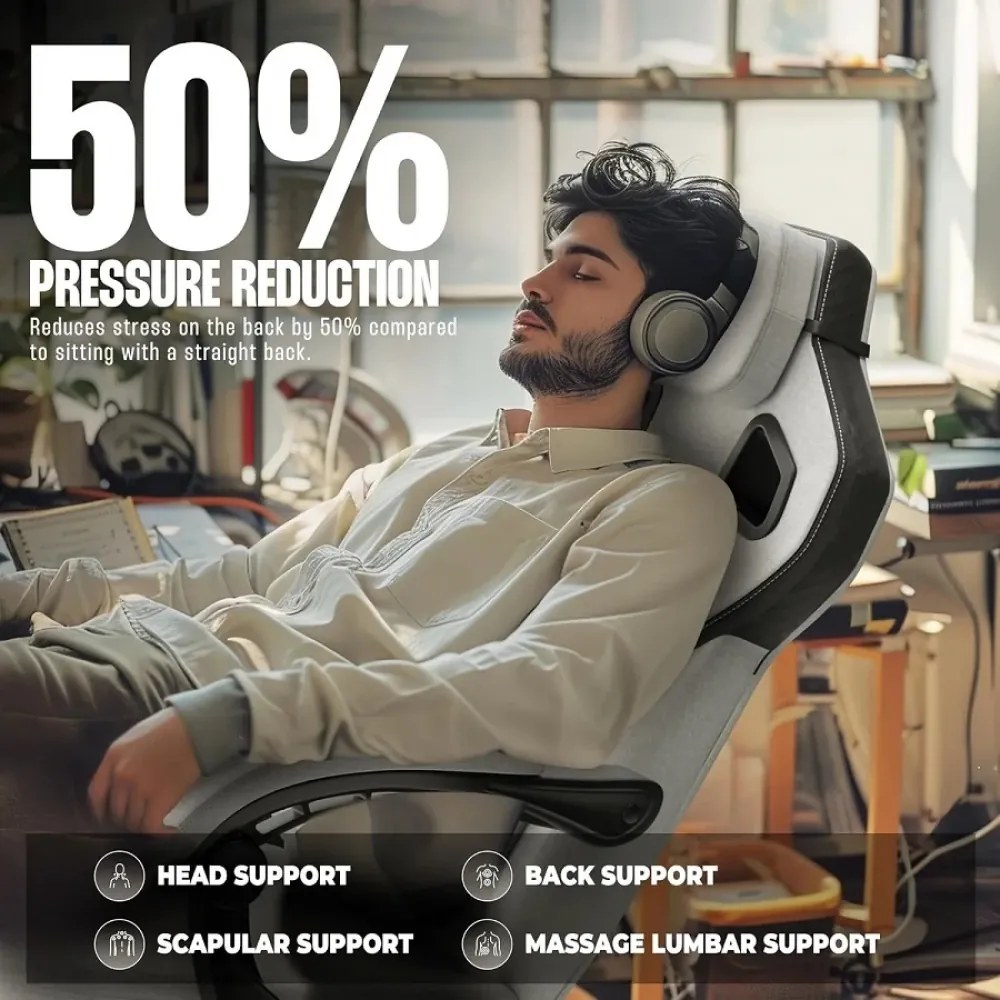 DOWINX Scaun gaming, ergonomic, suport lombar cu masaj, Șezut cu Arcuri Metalice și Spumă, Spătar înalt, rabatabil 90°-135°, Suport picioare, rezistent 150 kg, material textil respirabil, Gri