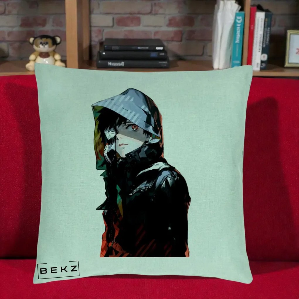 Perna Personalizata Tokyo Ghoul Ken Kaneki cu Masca si Gluga, 40x40 cm, Verde Menta, Husa Detasabila, Perna Inclusa, BEKZ®