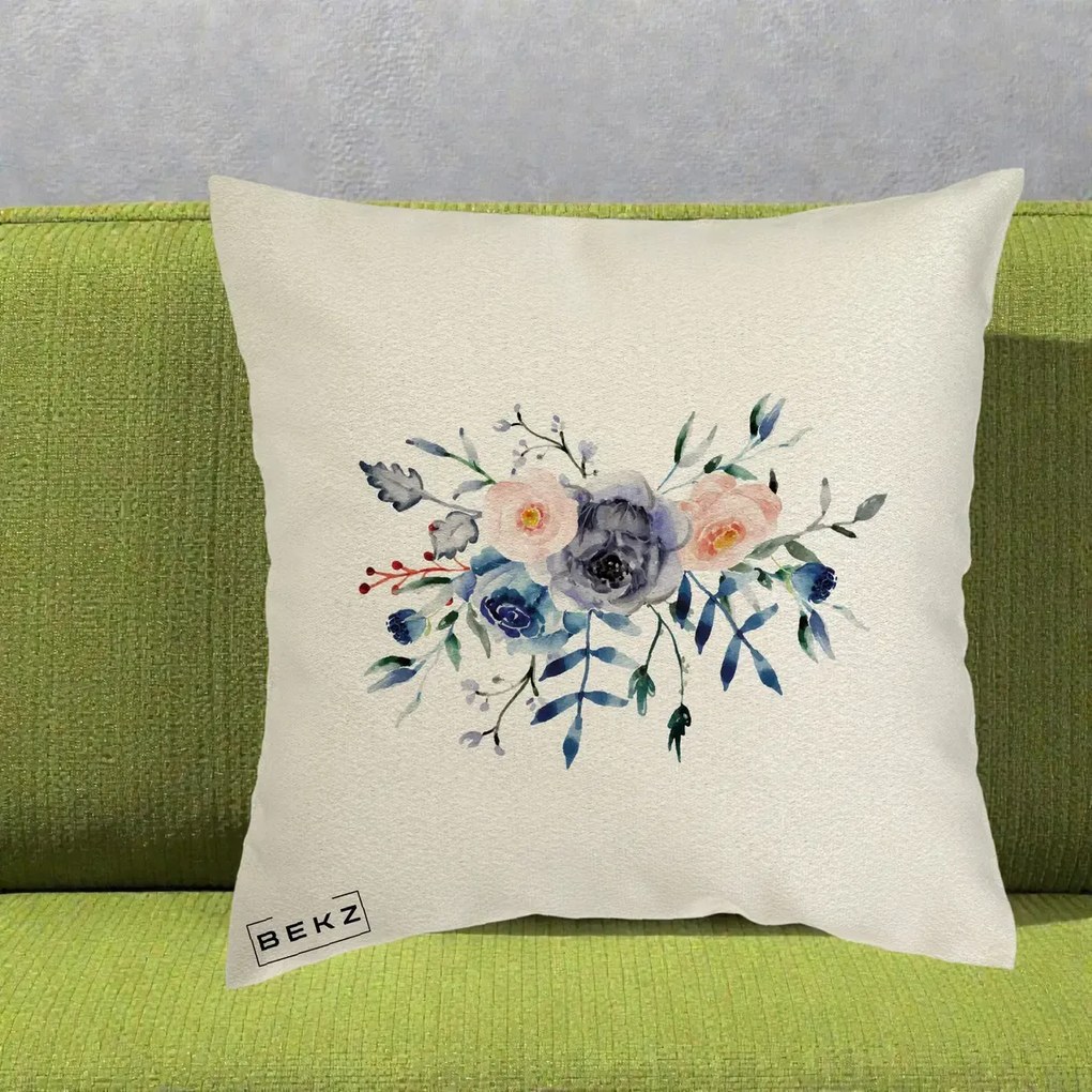 Perna Decorativa Buchet Flori Albastre Acuarela, 40x40 cm, Ecru, Husa Detasabila, Perna Inclusa, BEKZ®