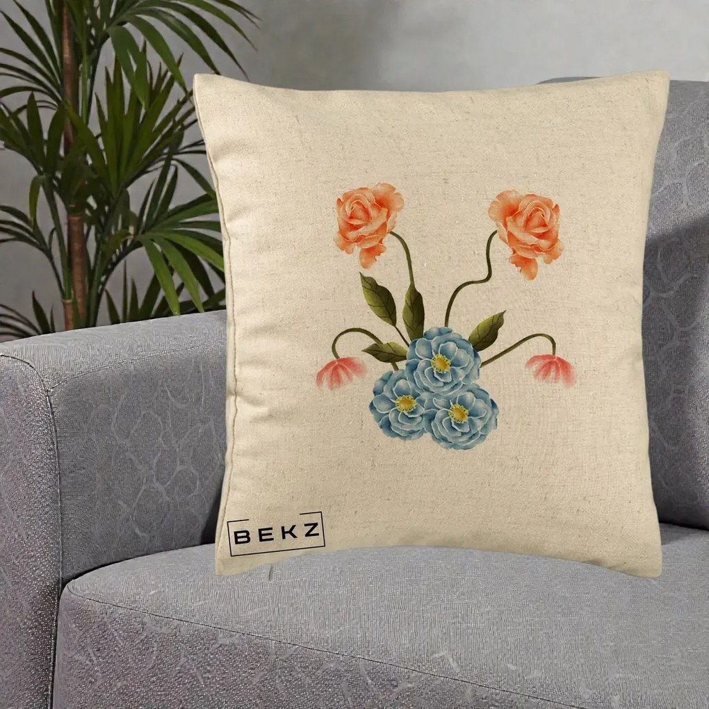 Perna Decorativa Trandafiri si Bujori Acuarela, 40x40 cm, Bej, Husa Detasabila, Perna Inclusa, BEKZ®