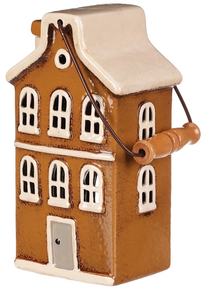 Suport de lumânare Casa cu mâner, maro, ceramică, 13 x 10 x 37 cm