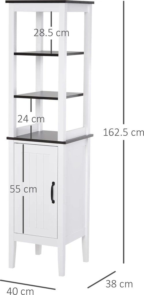 HOMCOM Dulap Baie Îngust, Dulăpior Vertical cu 3 Rafturi Deschise și Raft Reglabil, pentru Spălătorie, 40x38x162.5 cm, Alb | Aosom Romania