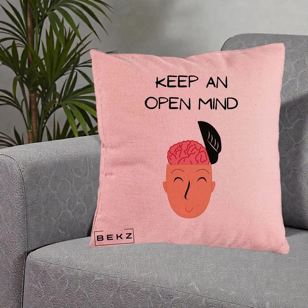 Perna Decorativa Keep An Open Mind, 40x40 cm, Roz, Husa Detasabila, Perna Inclusa, BEKZ®