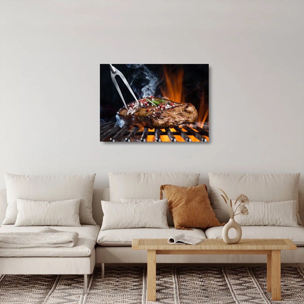 Tablou pe sticlă cu steac pe grill (70x50 cm)