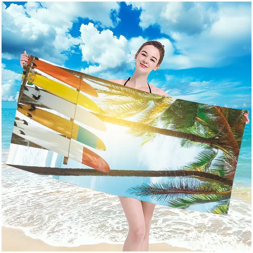 Prosop de plajă cu model palmier şi placă de surf, 100 x 180 cm