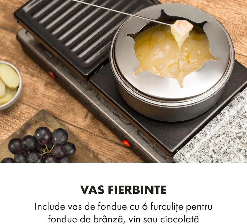 Klarstein Fonduelette XL, 3 în 1 raclette grill & fondue, piatră naturală, 1650 W, 12 Persoane