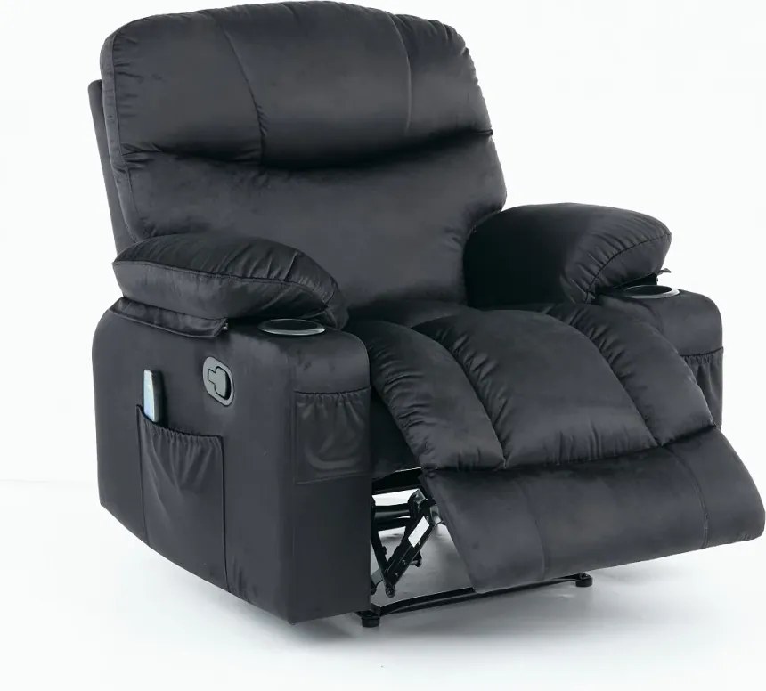 Fotoliu Masaj, Incalzire, rabatabil, sezut cu arcuri metalice, suport picioare extensibil, Catifea, Negru