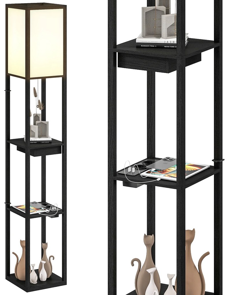 HOMCOM Lampadaire modern cu LED-uri și rafturi cu port USB A+C, comutator la picior pentru salon, cameră, birou, negru | Aosom Romania