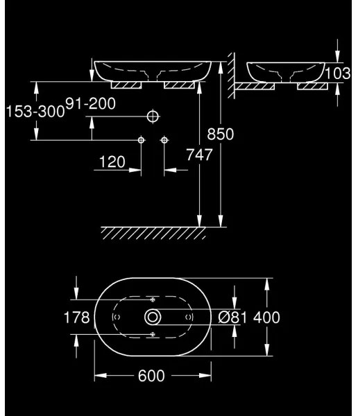 GROHE 3960800H - Lavoar ESSENCE pentru montare pe blat, 600 × 400 mm, ceramică, alb