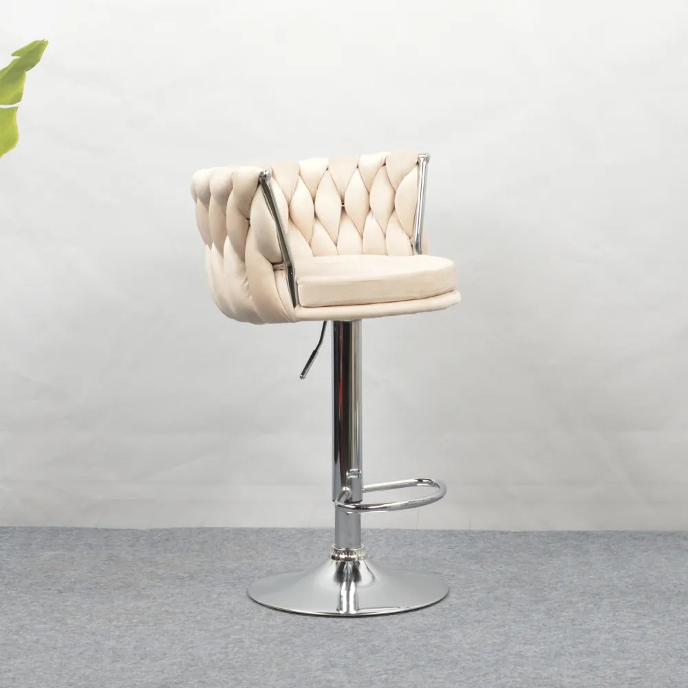 Scaun de bar de design, bej ţesătură Velvet/crom, BRIN