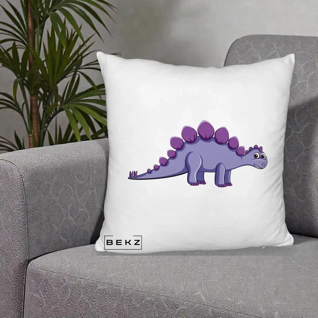 Perna Personalizata Stegozaur Mov, 40x40 cm, Alb Pufos, Husa Detasabila, Perna Inclusa, BEKZ®