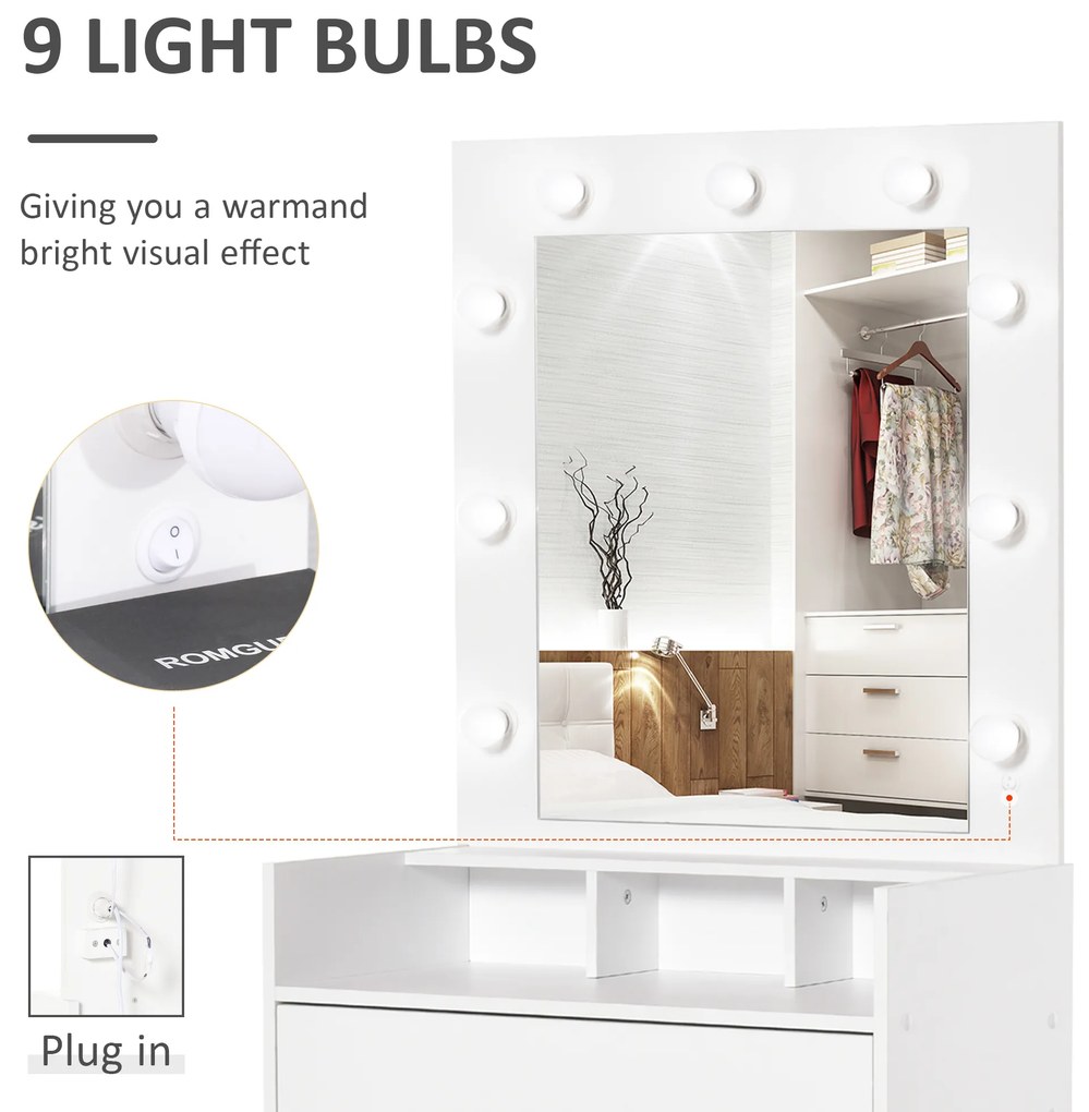 HOMCOM Masuta de Toaleta pentru Camera cu Oglinda 9 Lumini LED, Masa de Machiaj cu Sertar si Compartimente Deschise 70x40x160cm, Alb
