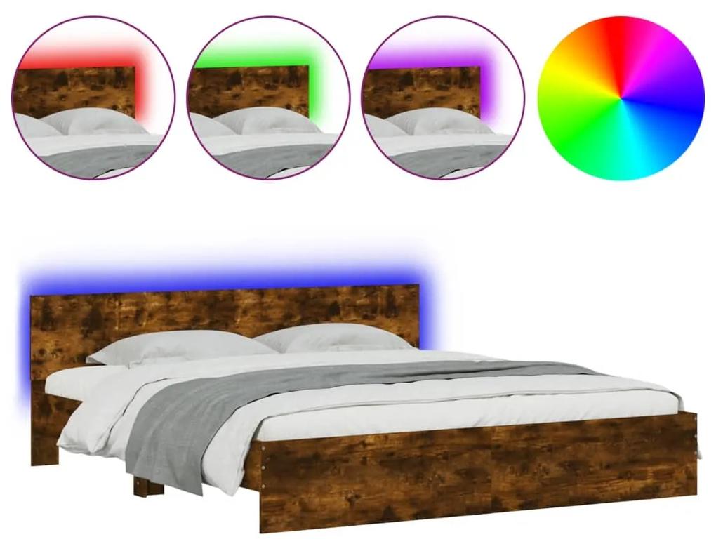 3207585 vidaXL Cadru de pat cu tăblie și LED, stejar fumuriu, 200x200 cm