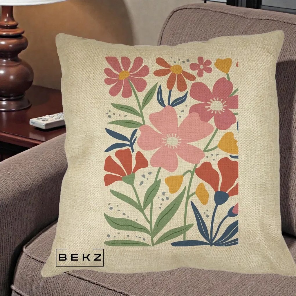 Perna Decorativa Flori Grafice Roz si Terracotta, 40x40 cm, Crem, Husa Detasabila, Perna Inclusa, BEKZ®