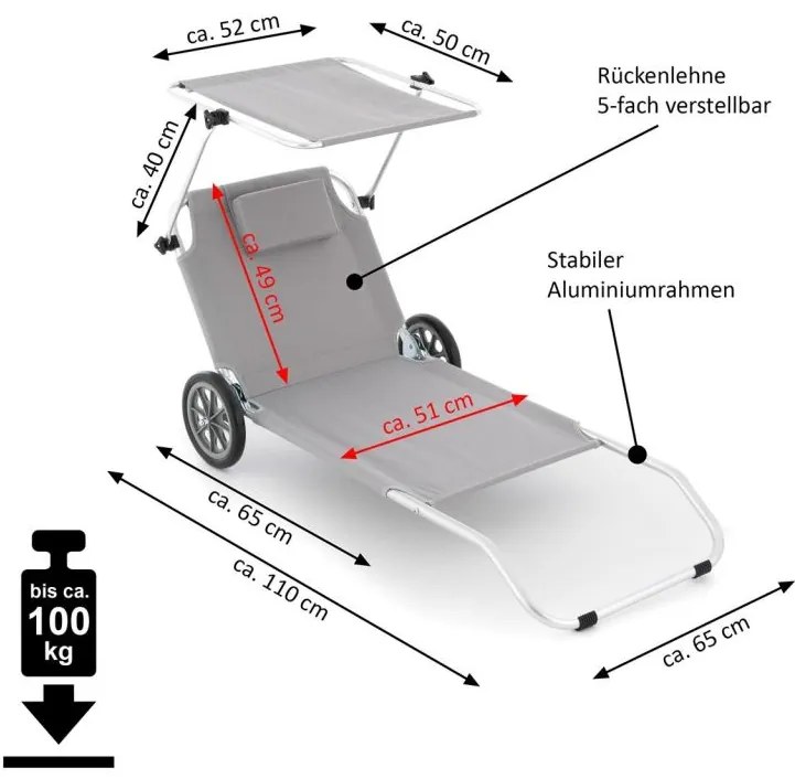 Șezlong de grădină pliabil cu roți și copertină, gri