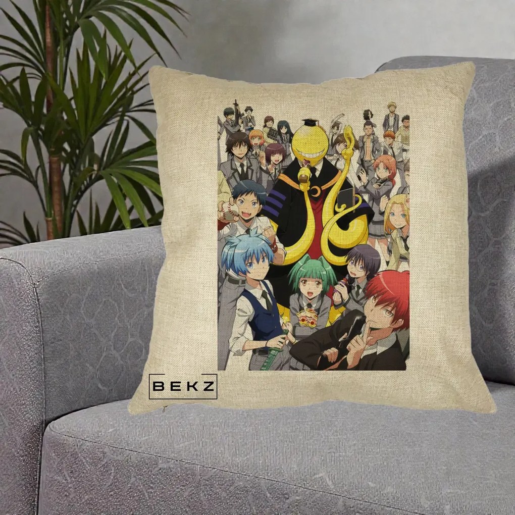 Perna Personalizata Assassination Classroom Grup Complet Anime, 40x40 cm, Crem, Husa Detasabila, Perna Inclusa, BEKZ®