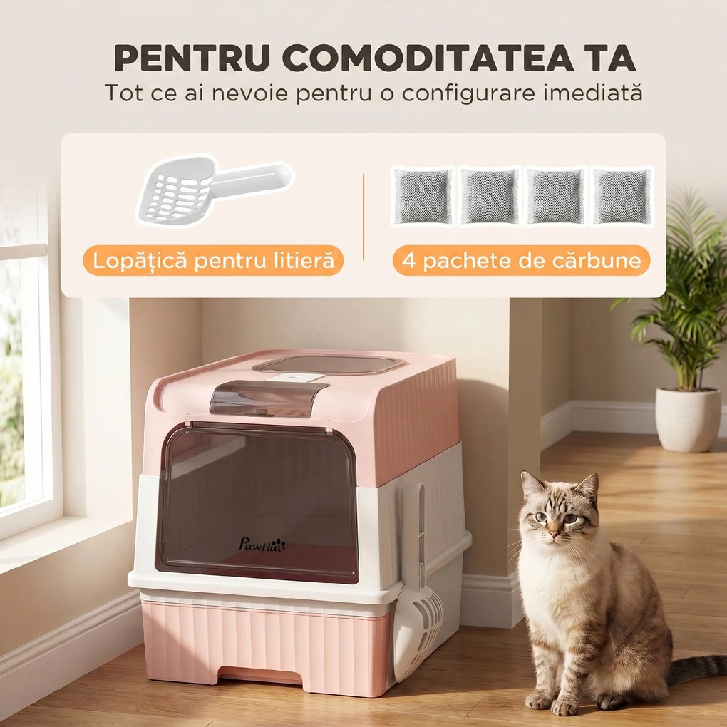 PawHut Litieră pentru Pisici cu Capac, Tavă Detașabilă, Anti Miros, 48x35x36 cm, Roz | Aosom Romania