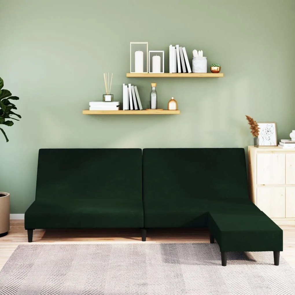 3080492 vidaXL Canapea extensibilă cu taburet, 2 locuri, verde închis, catifea