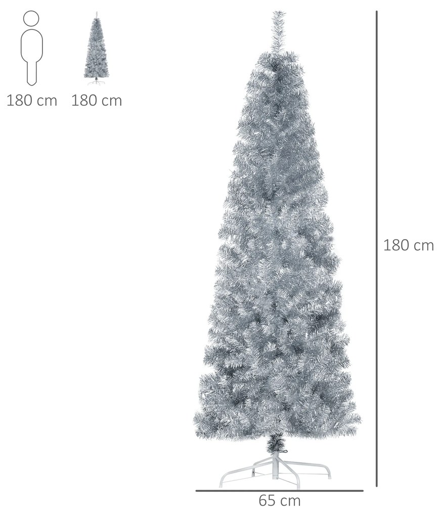 Brad de Craciun Artificial Argintiu Inalt si Ingust cu Baza Detasabila, decoratiune de Craciun, Argintiu HOMCOM | Aosom Romania