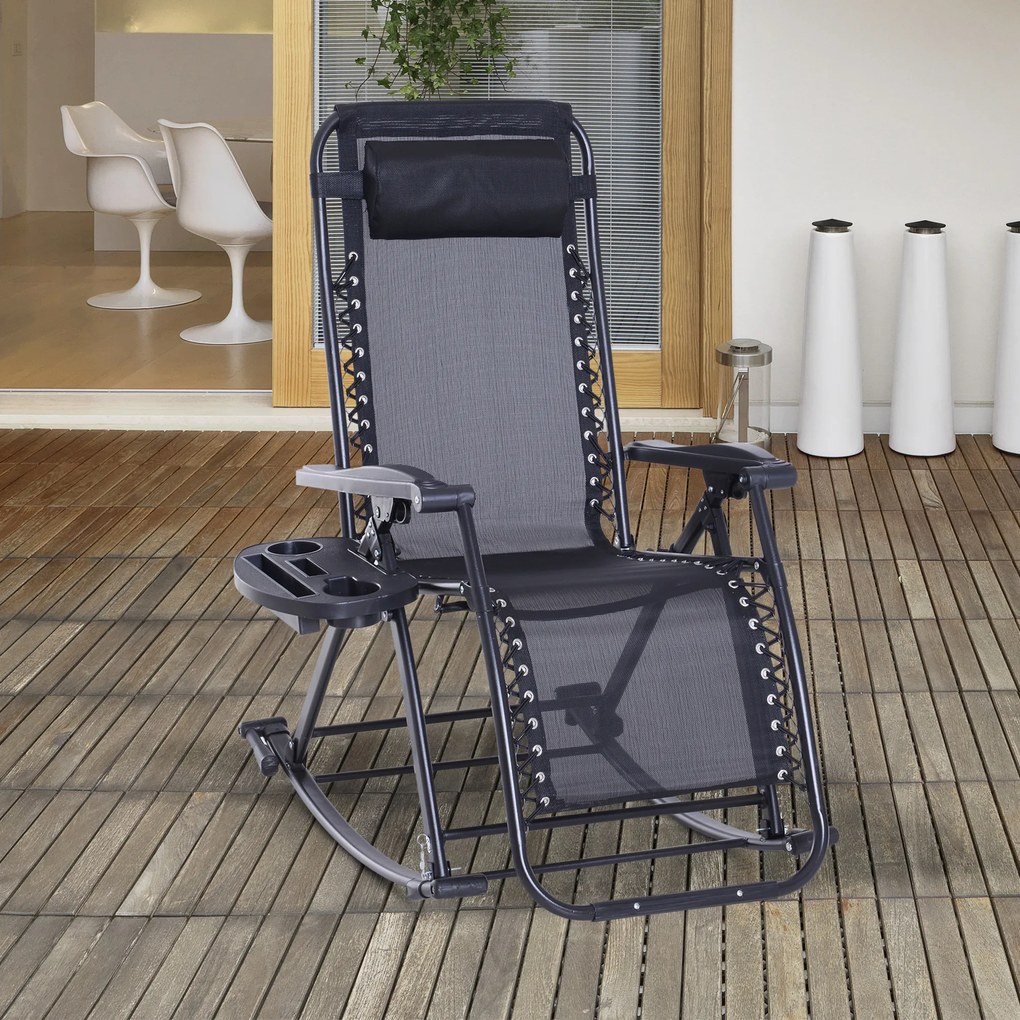 Outsunny Scaun Sezlong tip Leagan Rabatabil cu Taburet si Loc pentru Pahar , Negru, 120x67x102cm