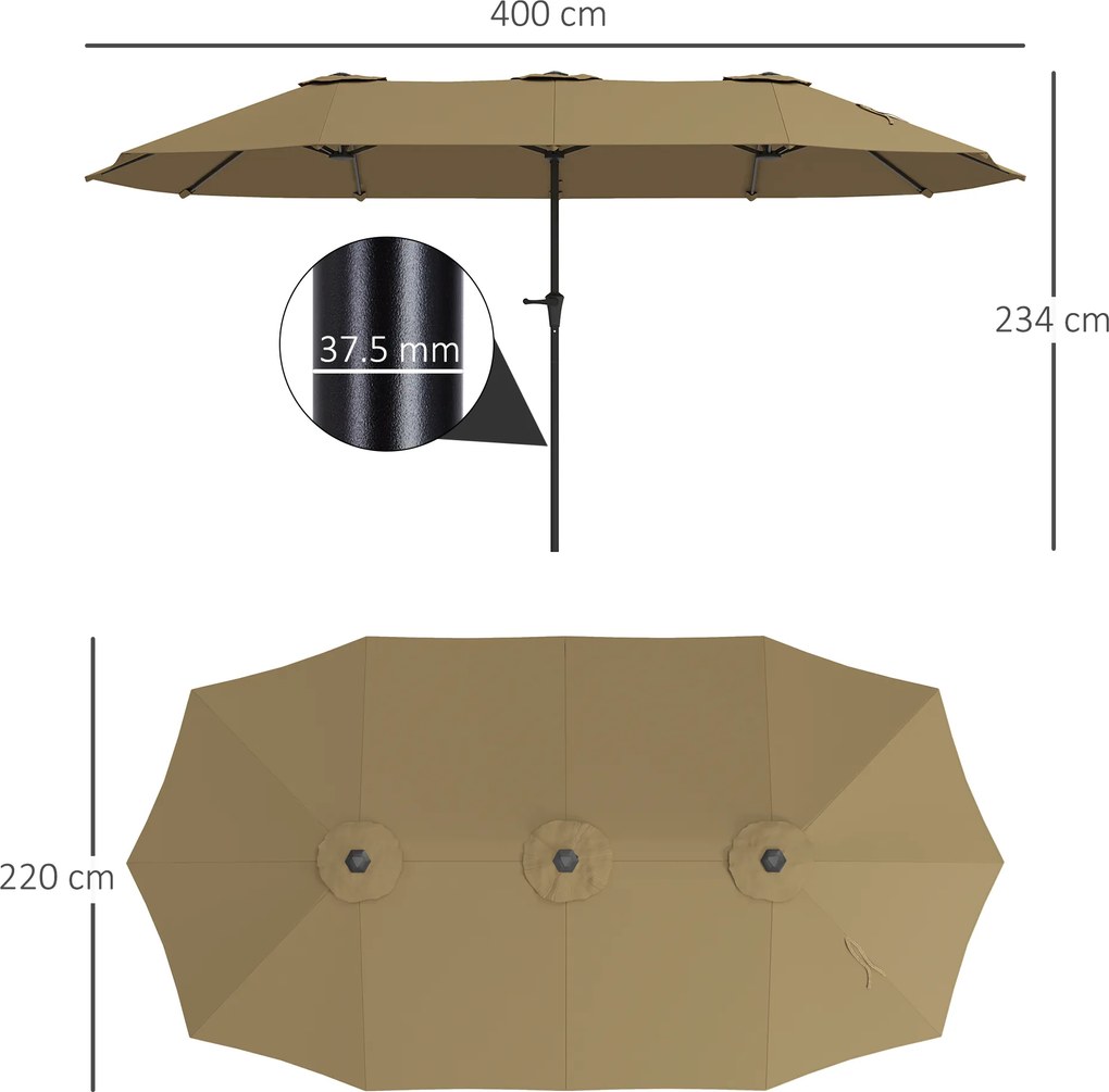 Outsunny Umbrelă Dublă 4x2,2 m Umbrelă Terasă Exterioară cu Manivelă Manuală Impermeabilă și Protecție UV30+ Cafeniu | Aosom Romania