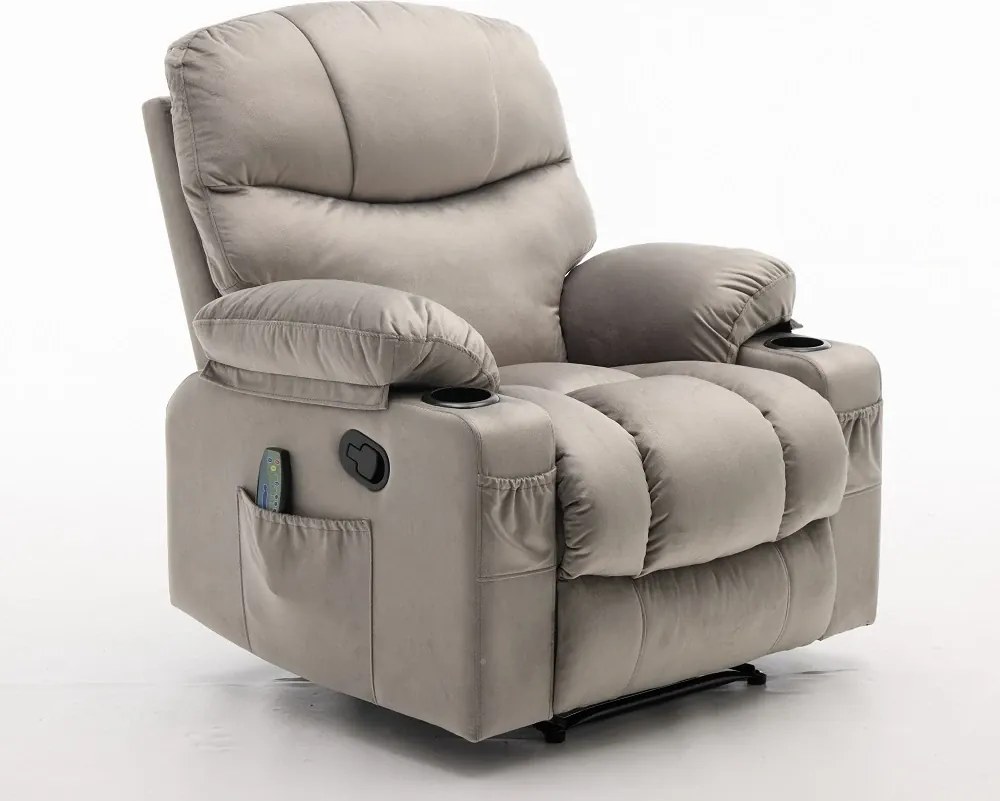 Fotoliu Masaj, Incalzire, rabatabil, sezut cu arcuri metalice, suport picioare extensibil, Catifea, Gri