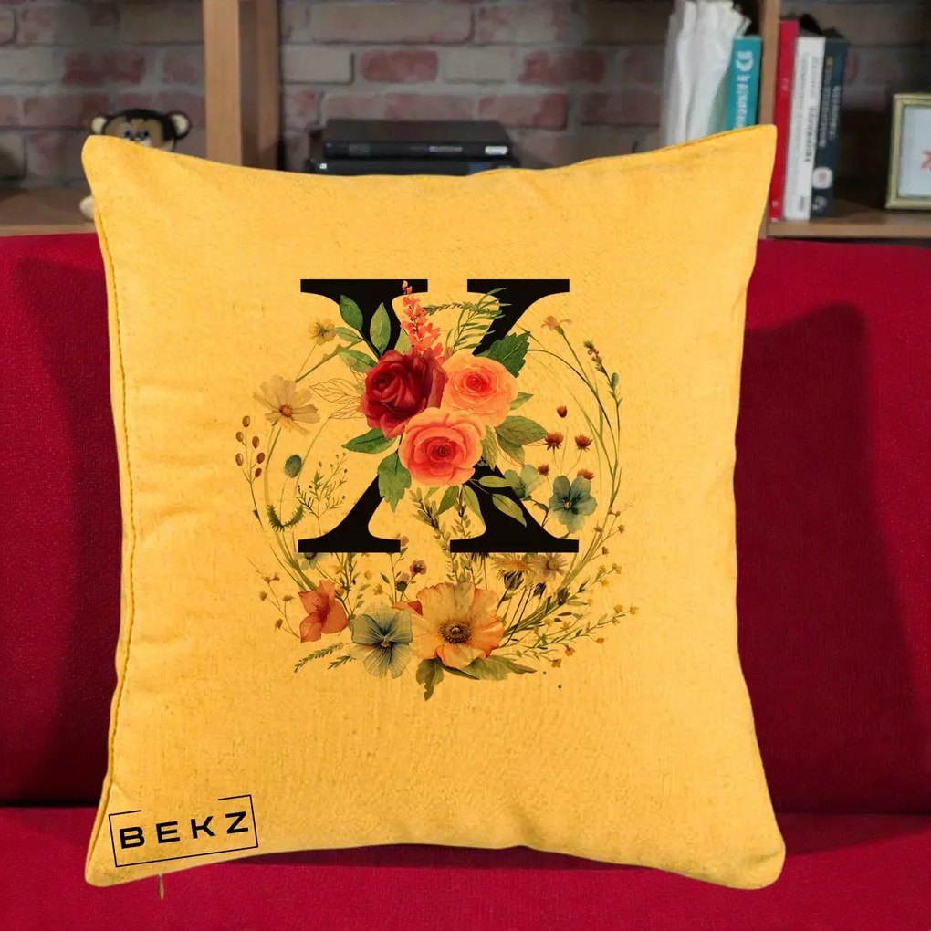 Cadou Personalizat - Perna Personalizata Monograma Florala Litera X cu Coroana, 40x40 cm, Galben, Husa Detasabila, Perna Inclusa, BEKZ®