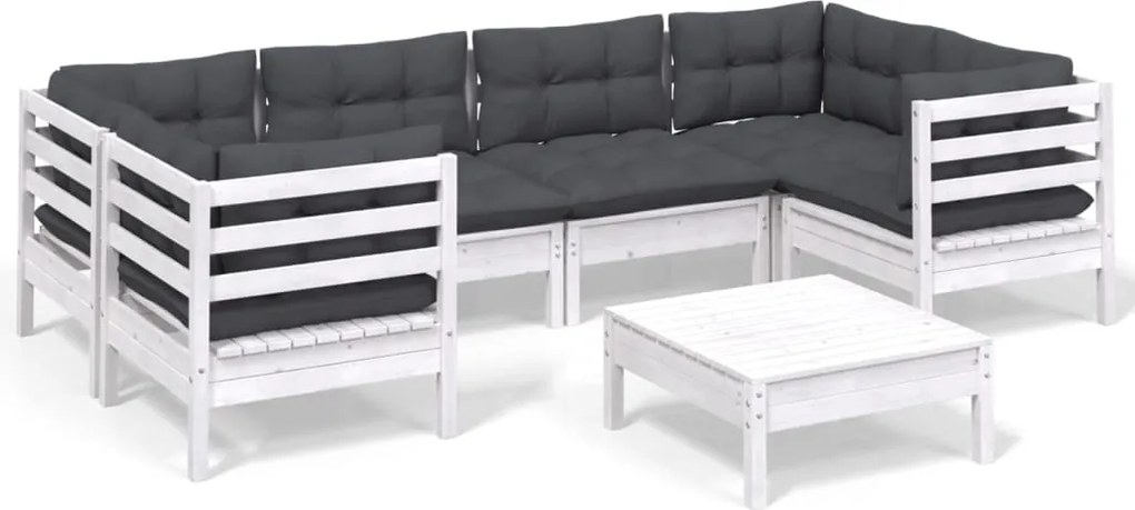 vidaXL Set mobilier de grădină cu perne, 7 piese, alb, lemn masiv pin