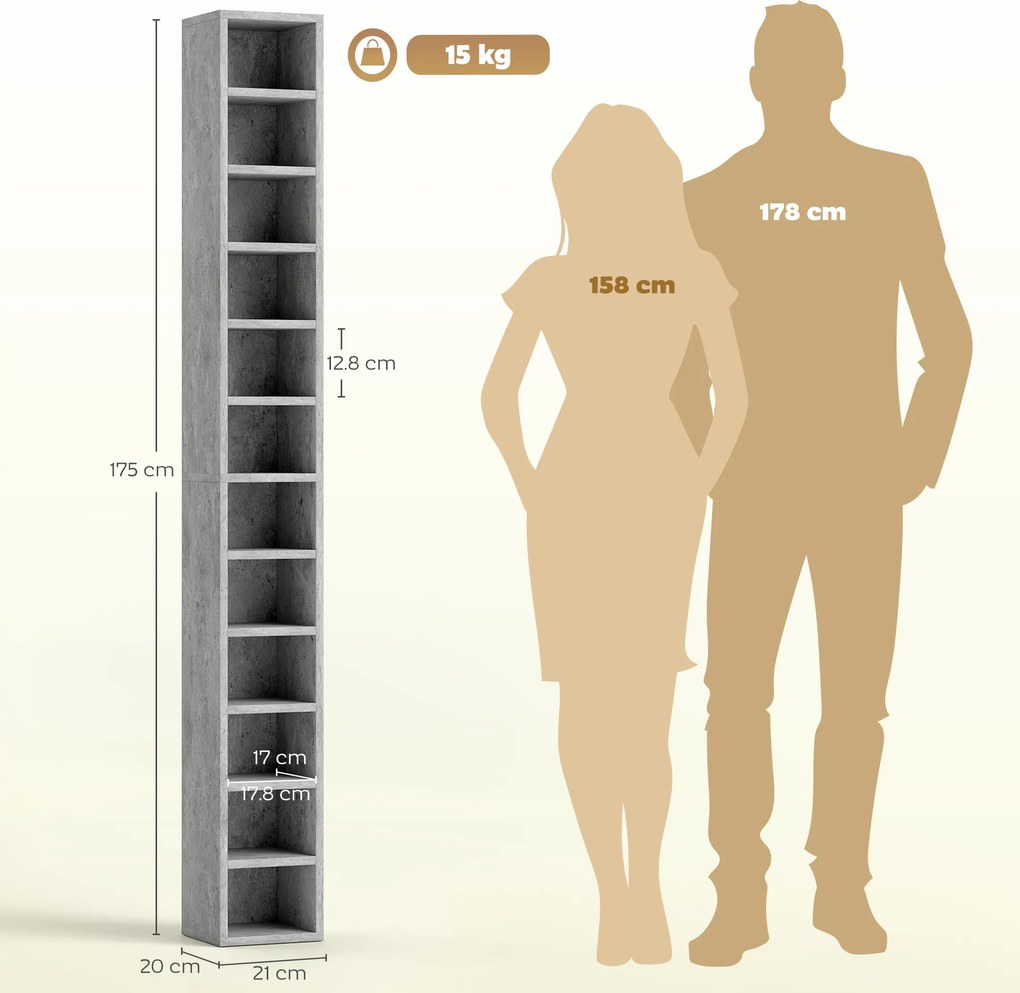 HOMCOM Raft Bibliotecă Pentru CD-uri cu 12 Polițe pentru 204 CD-uri, din MDF și PAL, 21 x 20 x 175 cm, Gri | Aosom Romania