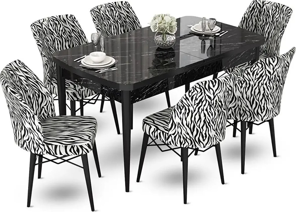 Set masa extensibila cu 6 scaune tapitate Homs zebra 250-300355,170 x 80 cm
