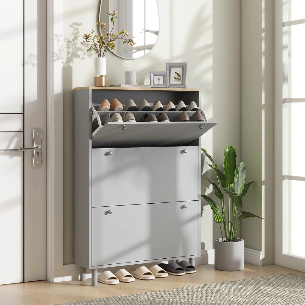 HOMCOM Mobilier pentru pantofi 24 perechi cu 3 sertare rabatabile si rafturi reglabile, 80x23,5x121 cm, gri | Aosom Romania