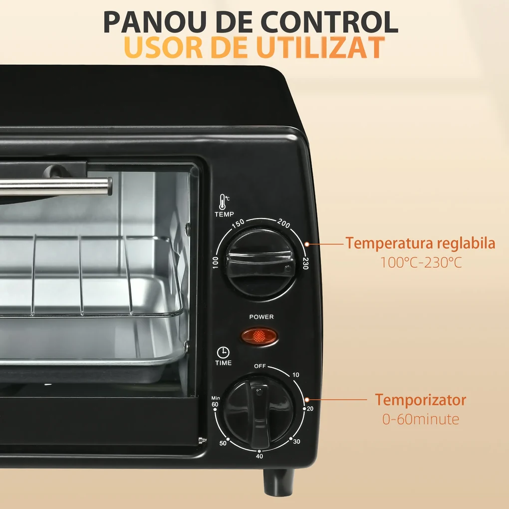 Mini Cuptor electric negru 36,5x26x22cm ,HOMCOM, 10L, temporizator, grila si tava incluse, 750 W, | Aosom Romania