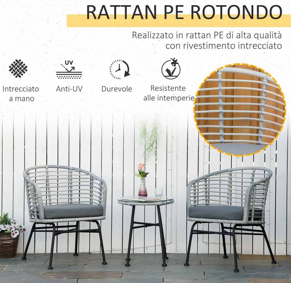 Outsunny Set Mobilier Exterior 3 Piese din Ratan PE, Salon Grădină cu Masă și Scaune, Ideal pentru Terasă și Bistrò, Gri | Aosom Romania